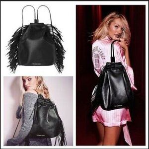 NWOT Victoria Secret Black Leather Fringe Backpack